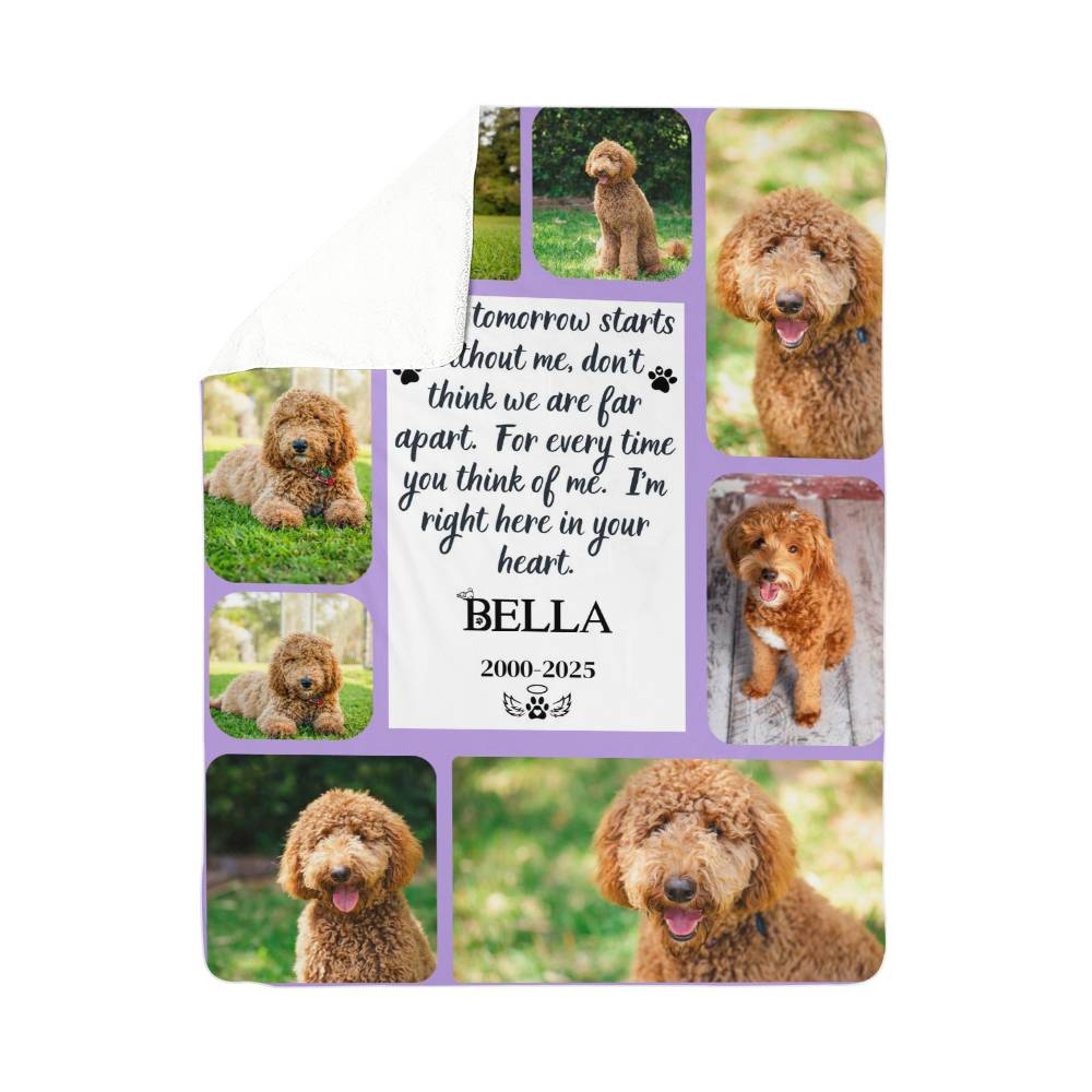Memorial blanket with images of a dog and a quote, featuring the name 'Bella' and dates.
