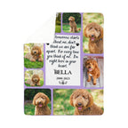 Memorial blanket with images of a dog and a quote, featuring the name 'Bella' and dates.