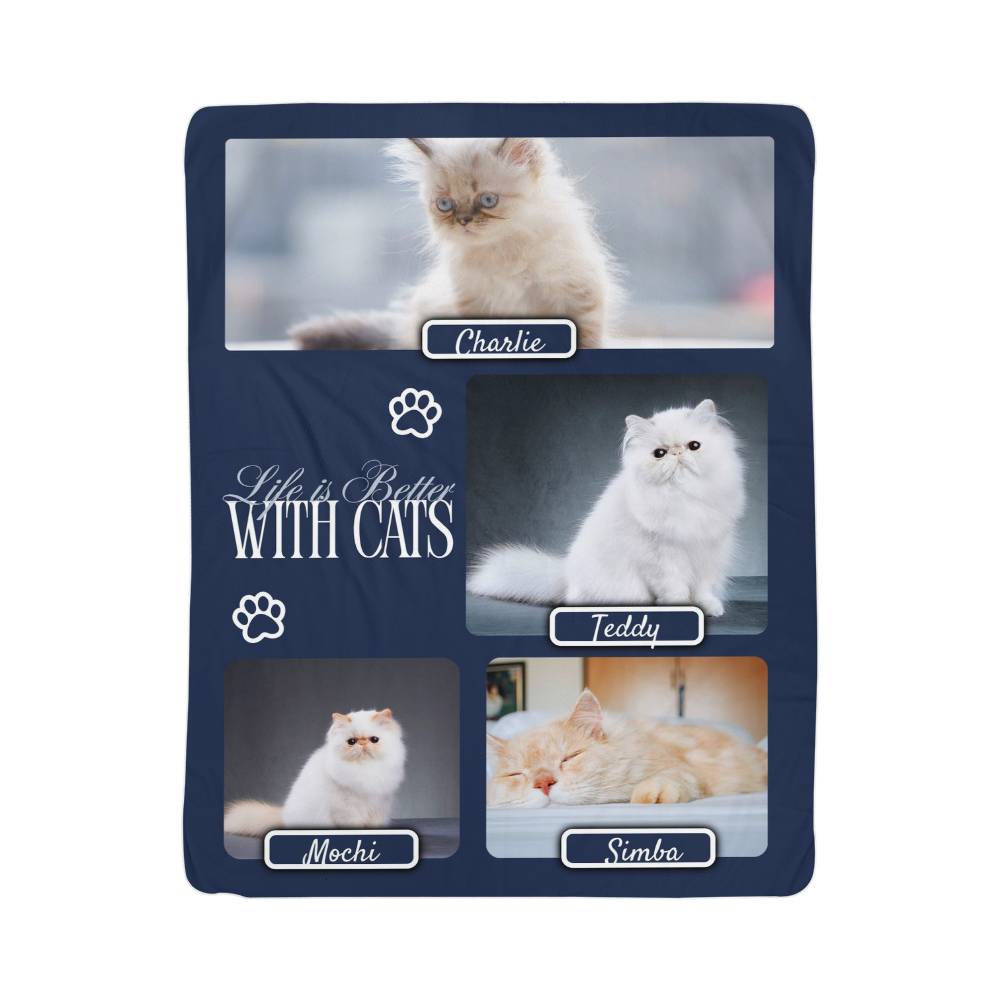 Navy blanket with images of cats and 'Life is Better With Cats' text on a white background