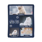 Navy blanket with images of cats and 'Life is Better With Cats' text on a white background