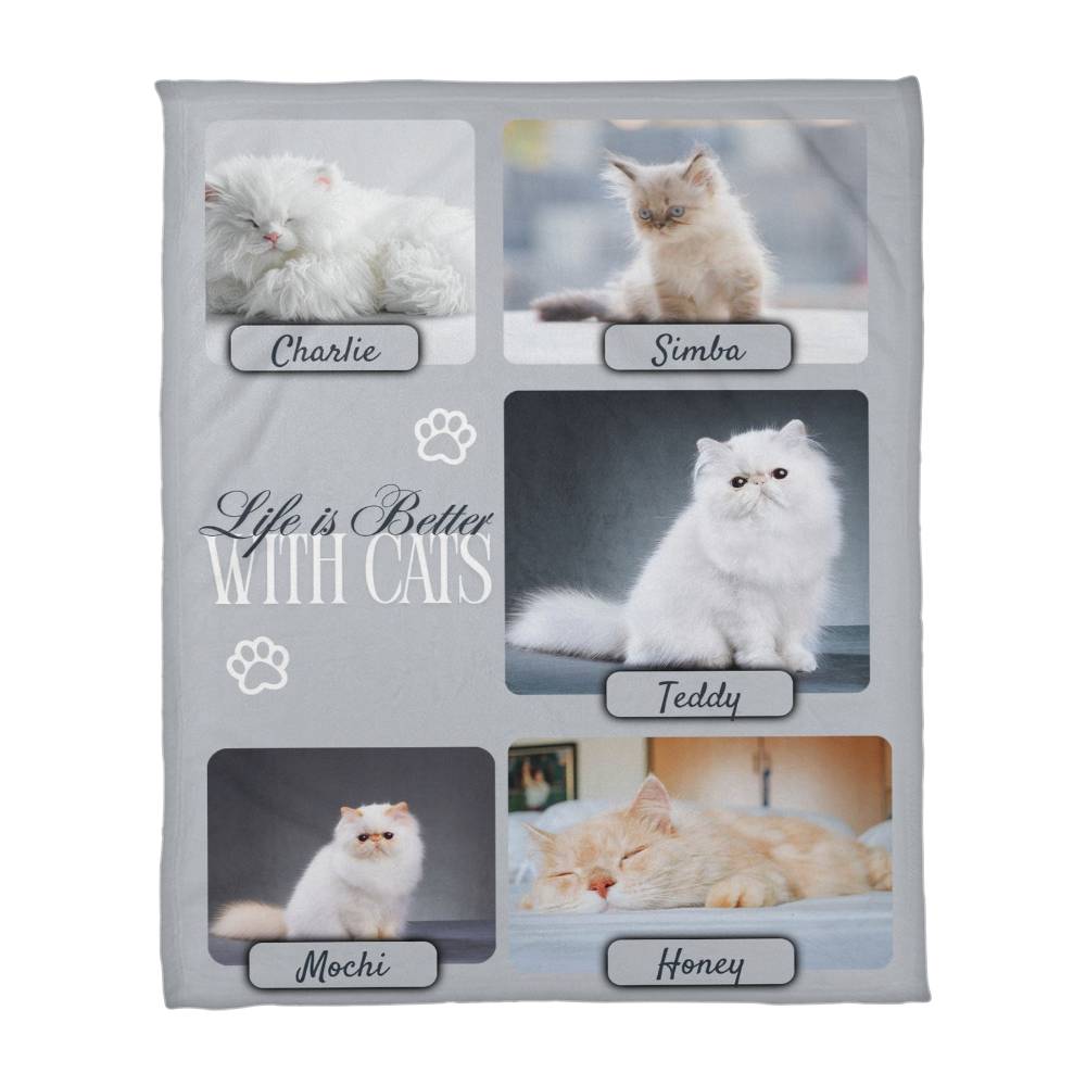 Personalized Multi-Cat Photo Blanket - Custom Cat Collage Fleece Blanket - 2-5 Cats Names & Photos