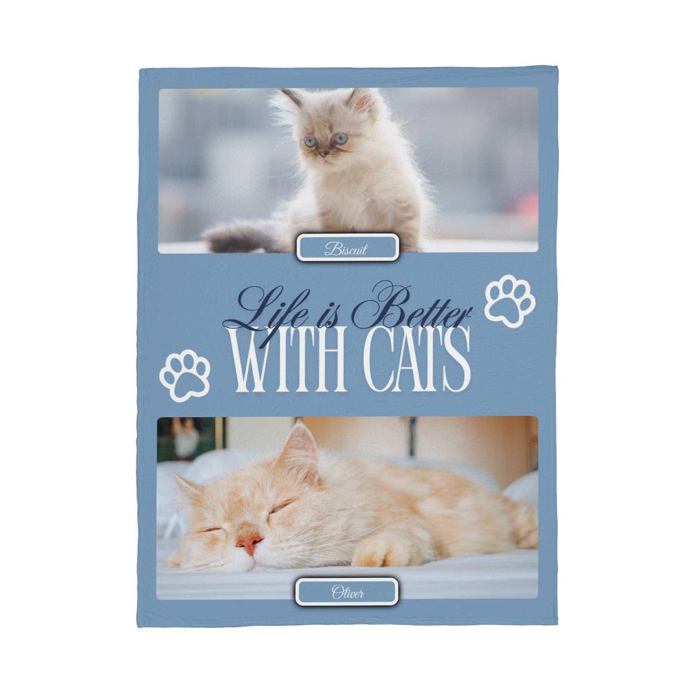 🐾 Personalized Multi-Cat Photo Blanket | Custom Cat Fleece Blanket | 2-5 Cats Names & Photos