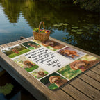 Personalized dog mat with photos of a dog on a wooden dock by a lake.