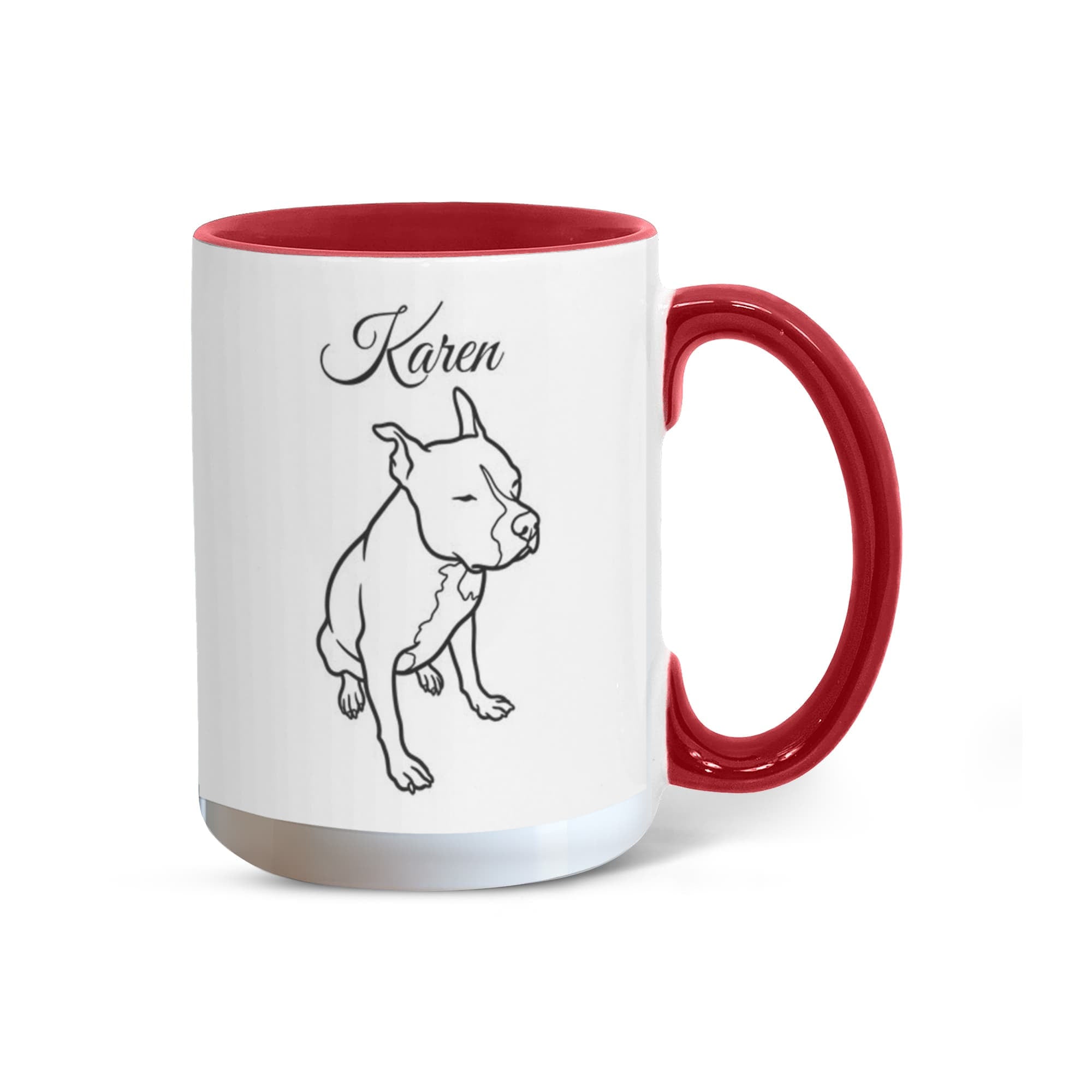 White mug with red interior and handle featuring a dog illustration and 'Karen' text on a white background