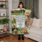 Person holding a blanket with a collage of photos and text in a living room.
