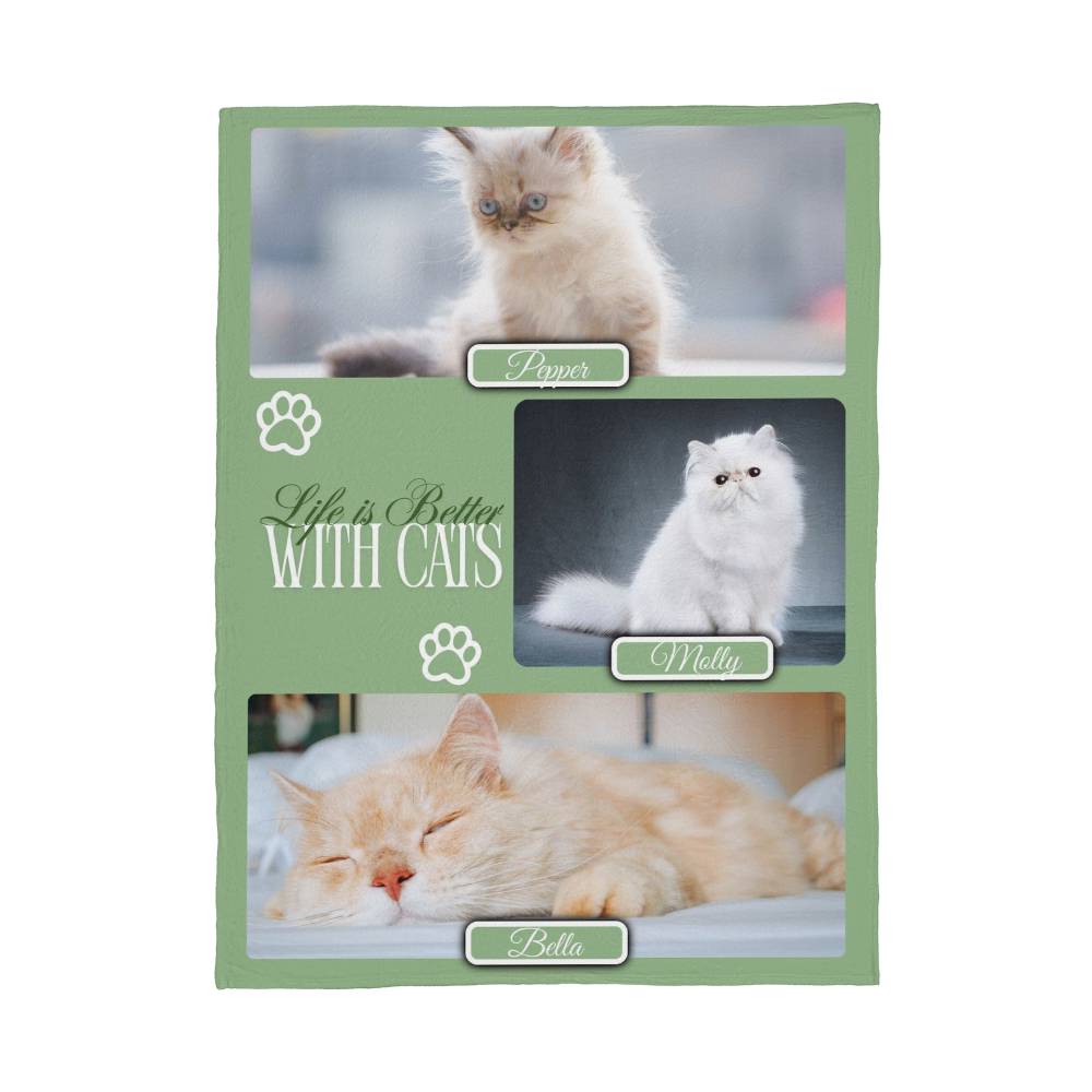 Personalized Multi-Cat Photo Blanket - Custom Cat Collage Fleece Blanket - 2-5 Cats Names & Photos