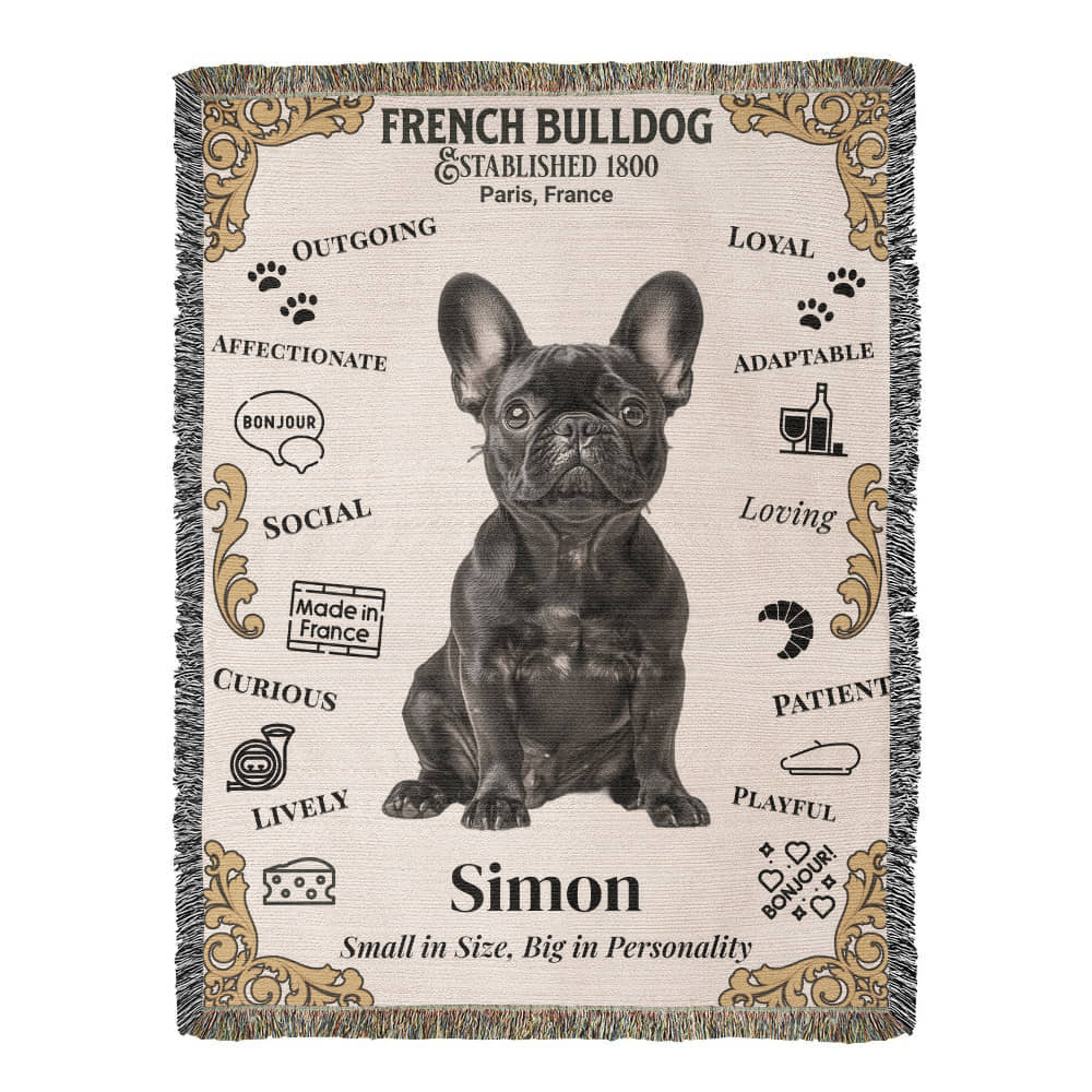 Woven Blanket with a French Bulldog design and text on a beige background.Personalized with your Frenchie's Name and photo,