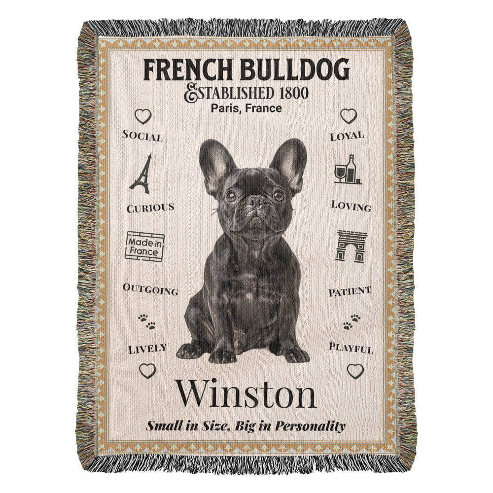 Woven blanket with a French Bulldog design and text on a white background.  Personalized with your Frenchie's name and photo.