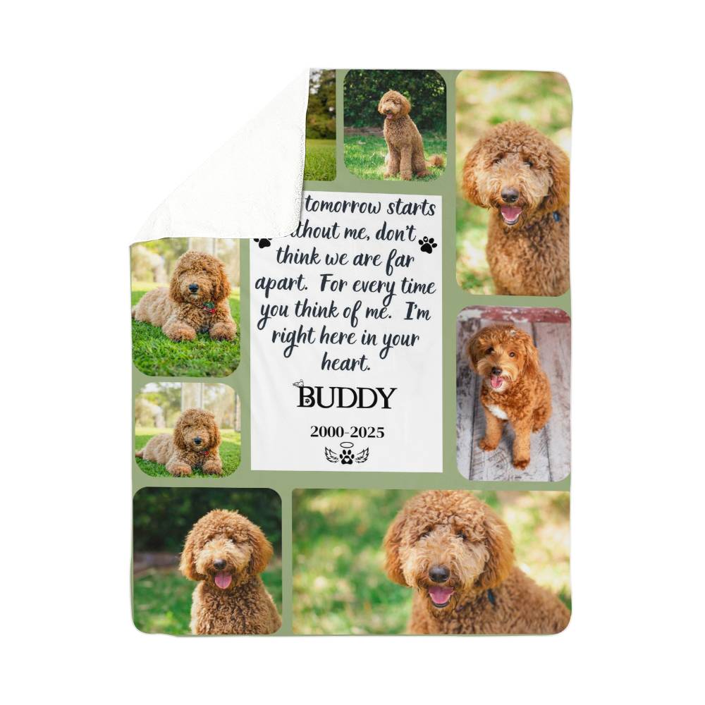Memorial blanket with photos of a dog and a quote on a white background