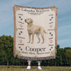 Person holding a Labrador Retriever-themed blanket with text and graphics. Personalize your Labrador Retriever woven blanket with your dog's photo and name.