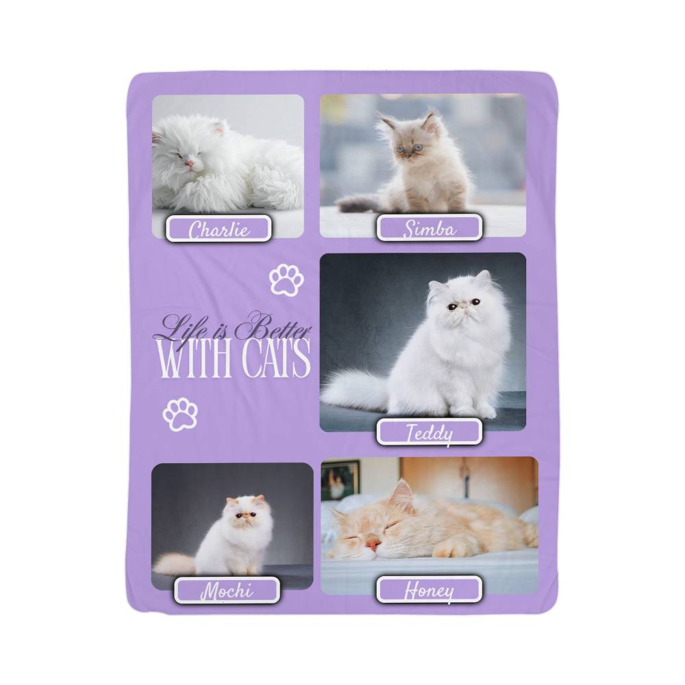 Purple blanket with images of cats and text 'Life is Better With Cats' on a white background