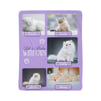 Purple blanket with images of cats and text 'Life is Better With Cats' on a white background