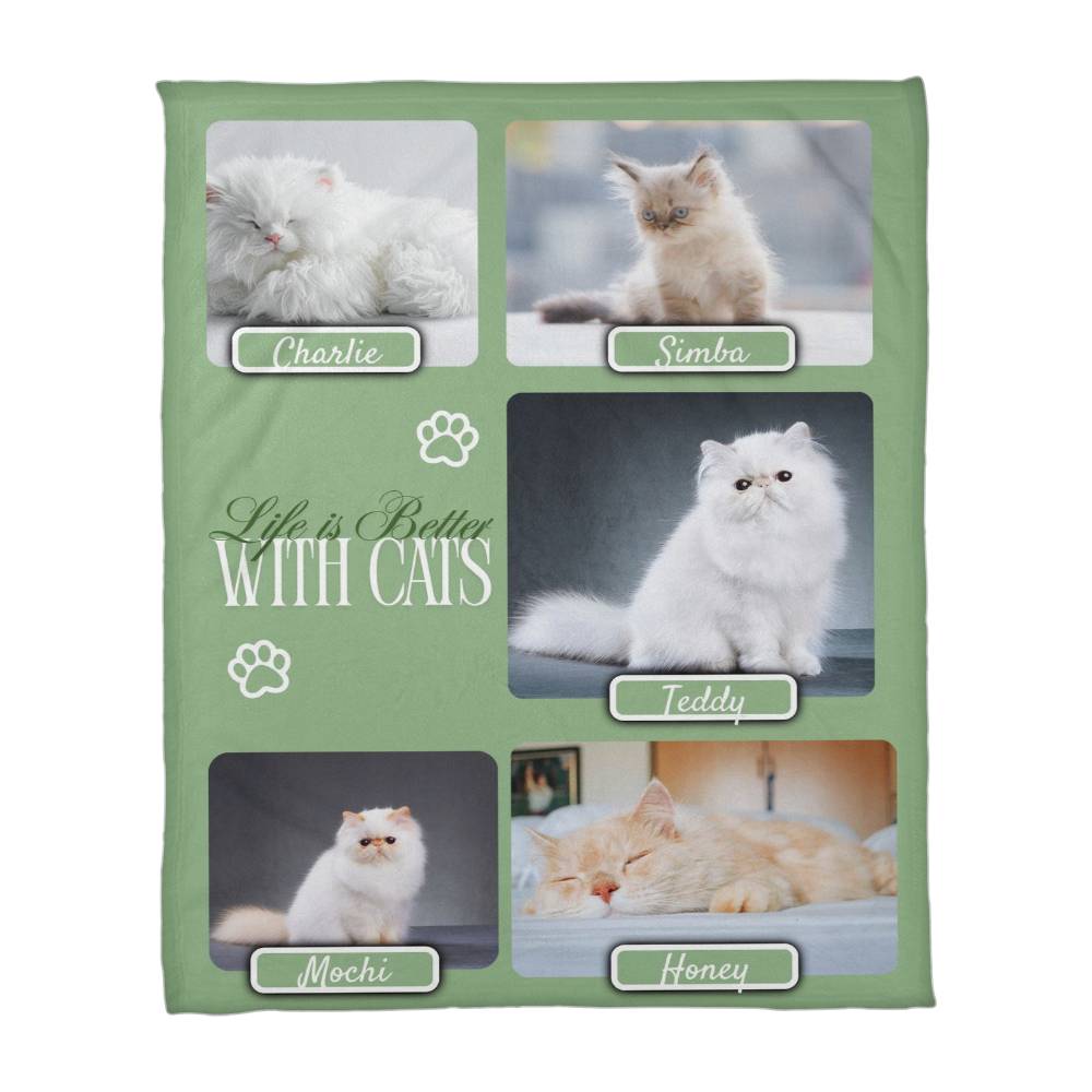 Personalized Multi-Cat Photo Blanket - Custom Cat Collage Fleece Blanket - 2-5 Cats Names & Photos