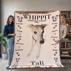 Two people holding a blanket with a whippet design and text. Personalize your woven blanket with your favorite photo of your Whippit.