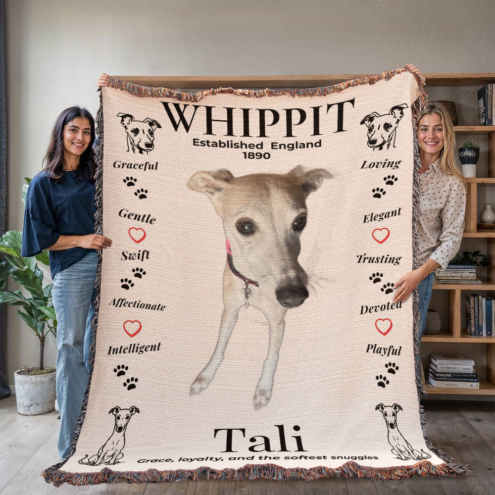Two people holding a blanket with a whippet design and text. Personalize your woven blanket with your favorite photo of your Whippit.