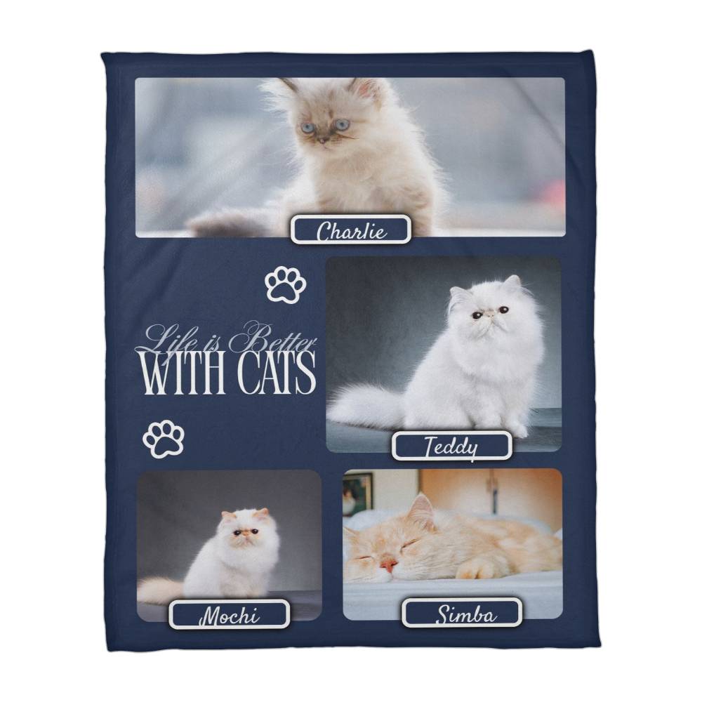 🐾 Personalized Multi-Cat Photo Blanket | Custom Cat Fleece Blanket | 2-5 Cats Names & Photos