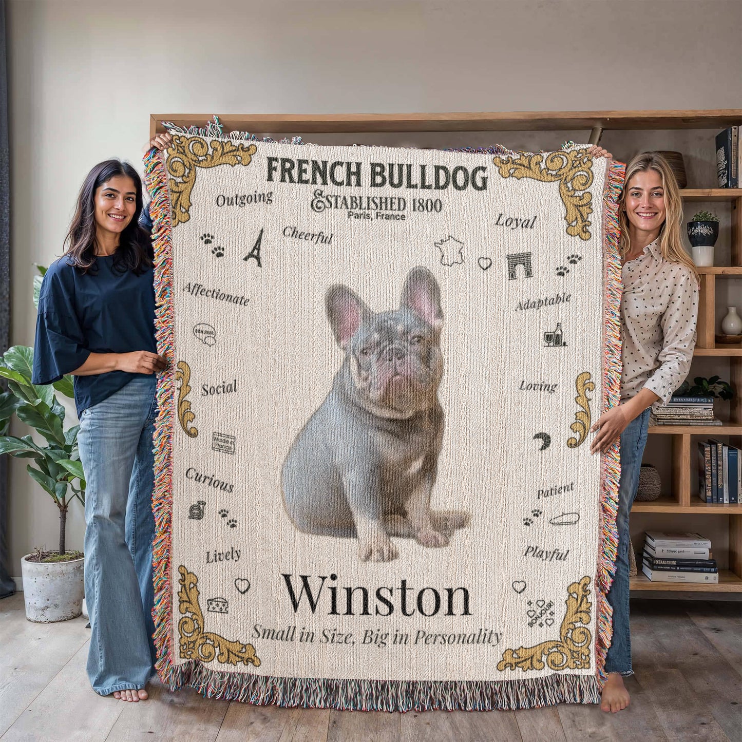 🐾 My Little Buddie Heirloom Woven Blanket – French Bulldog Edition - Gold Embellishment