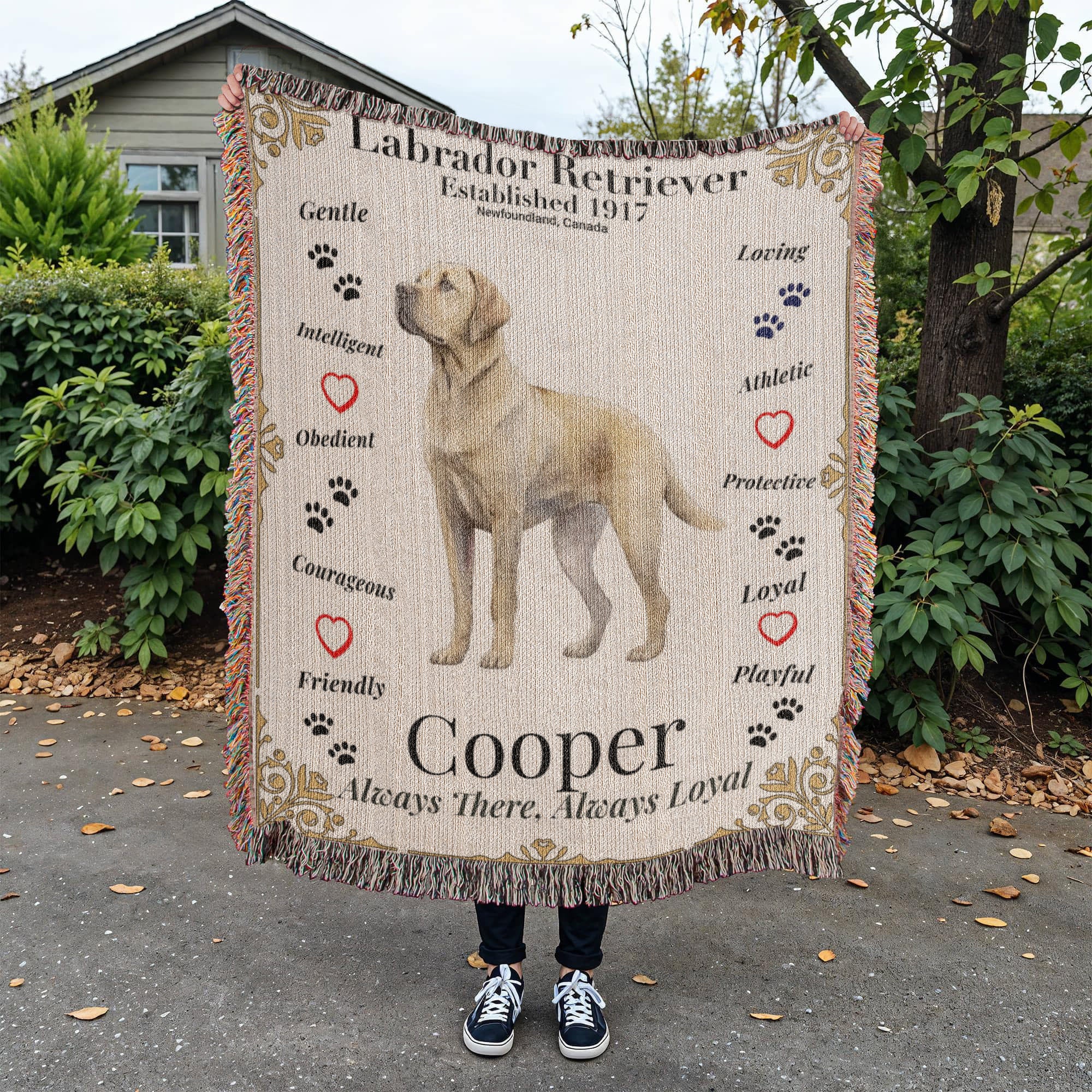 Person holding a Labrador Retriever-themed blanket with text and graphics. Personalize your Labrador Retriever woven blanket with your dog's photo and name.