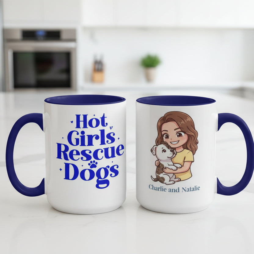 Two mugs with blue handles on a wooden surface, one featuring text and the other with an illustration of a woman holding a dog.