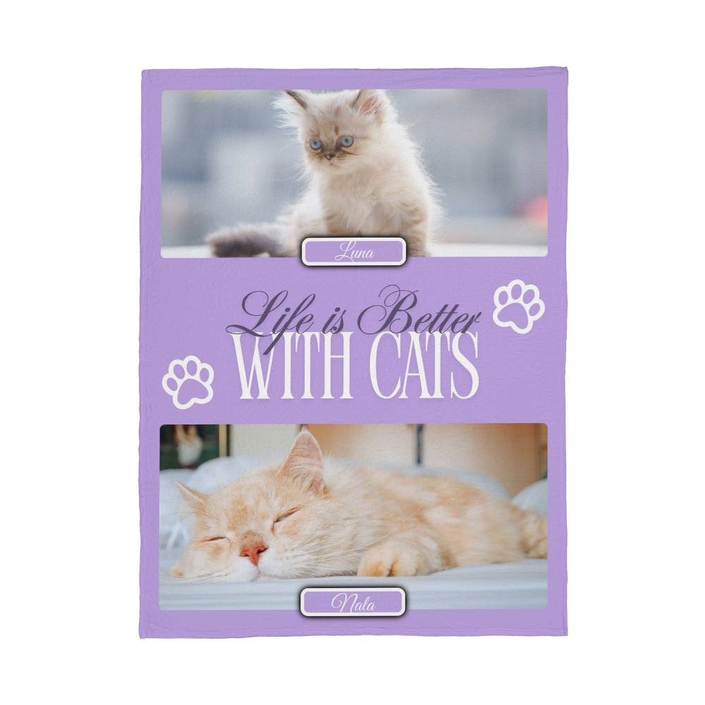 Personalized Multi-Cat Photo Blanket - Custom Cat Collage Fleece Blanket - 2-5 Cats Names & Photos
