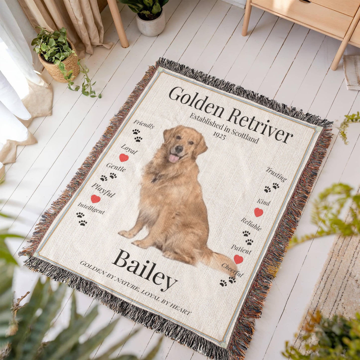 🐾 My Little Buddie Heirloom Woven Blanket – Golden Retriever Edition - Red hearts