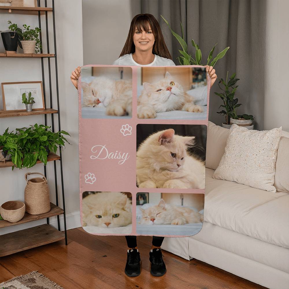 Person holding a blanket with cat images and the name 'Daisy' in a living room setting.