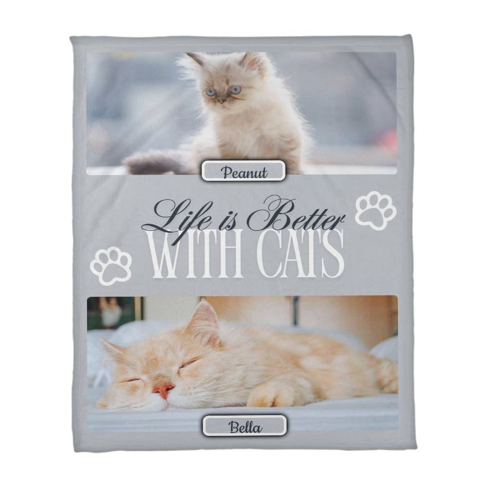 Personalized Multi-Cat Photo Blanket - Custom Cat Collage Fleece Blanket - 2-5 Cats Names & Photos