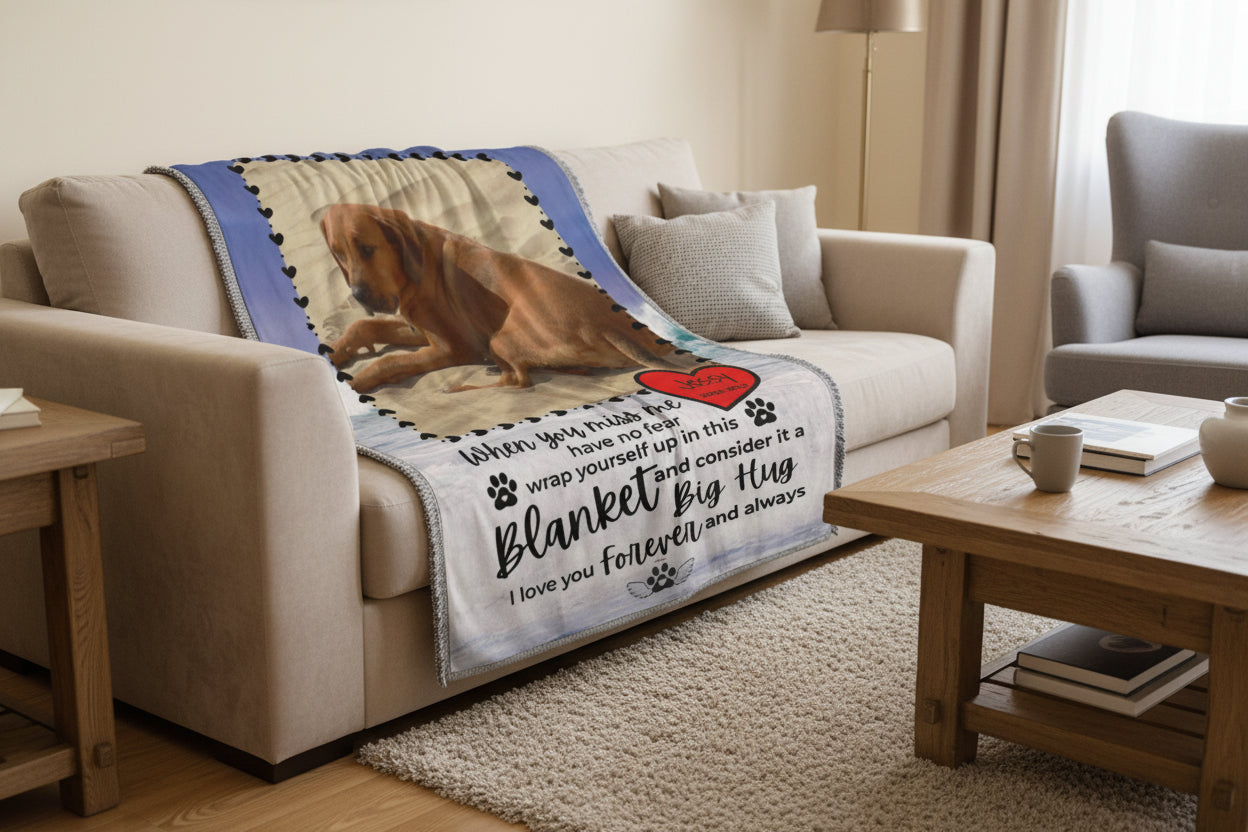 Dog lying on a blanket with a heart and text, next to a basket on a wooden dock by a lake.