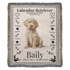 Woven blanket with a Labrador Retriever puppy and text on a beige background.Personalized with the name and photo of a Labrador dog.