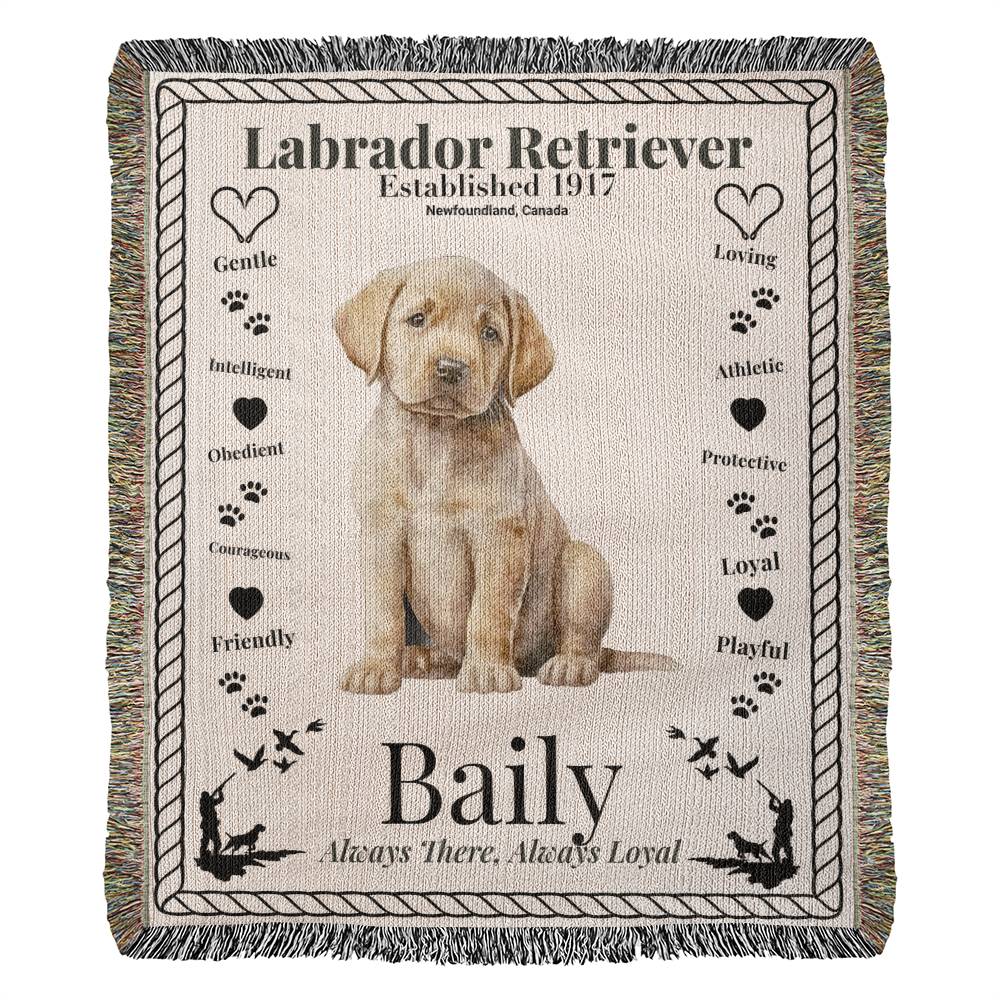 Woven blanket with a Labrador Retriever puppy and text on a beige background.Personalized with the name and photo of a Labrador dog.