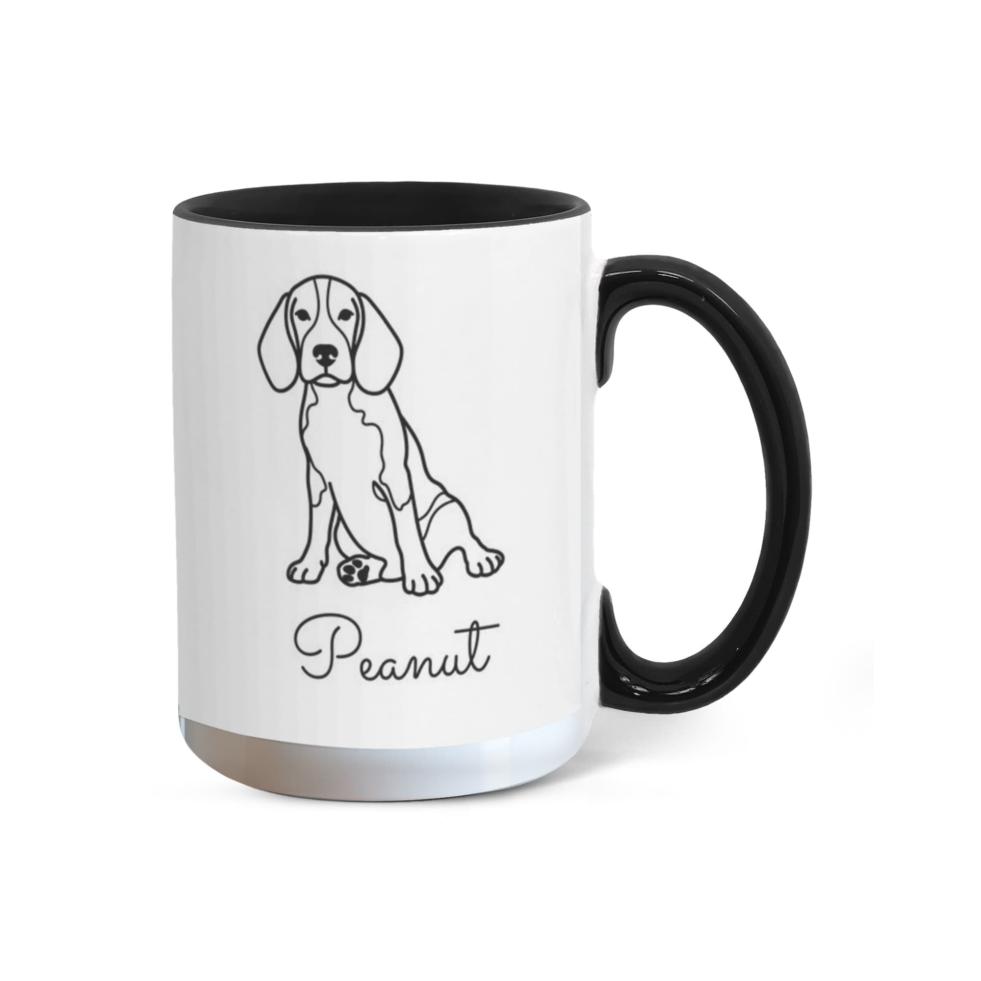 Mug with black handle featuring a dog illustration and the name 'Peanut' on a white background