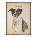 Woven blanket with a dog portrait and name 'Molly' on a beige background