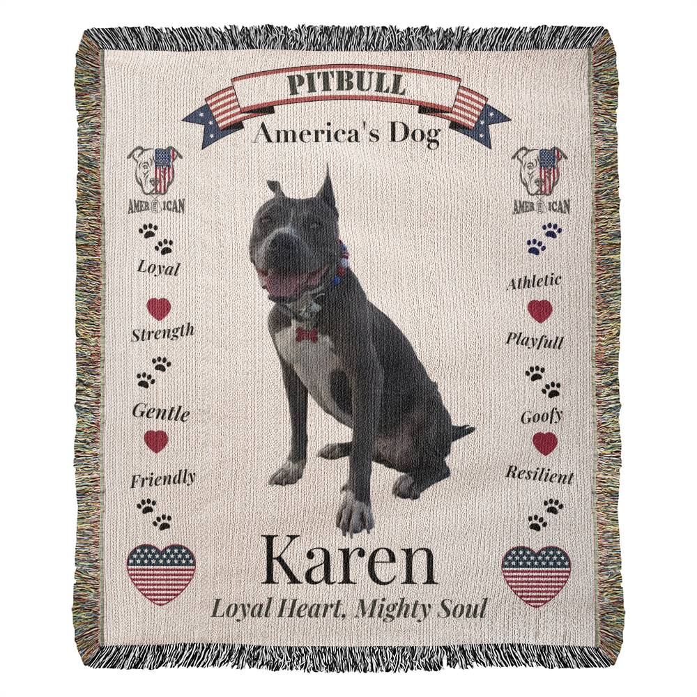 Pitbull-themed blanket with text and graphics on a beige background. Personalize your woven blanket with your favorite picture of your Pittie with their name.