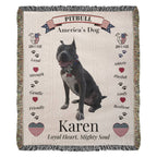 Pitbull-themed blanket with text and graphics on a beige background. Personalize your woven blanket with your favorite picture of your Pittie with their name.
