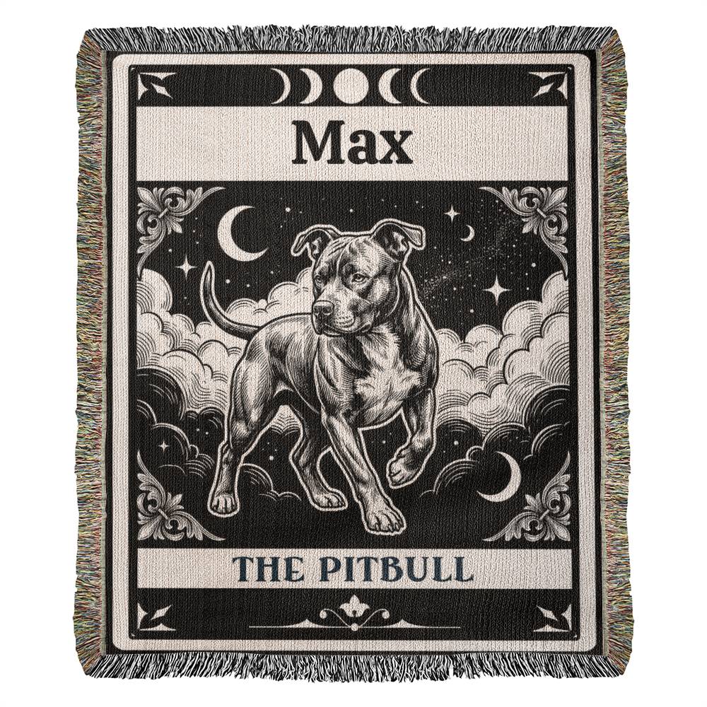woven Blanket with a tarot card graphic of a pitbull personalized with the name  'Max' against a celestial background.