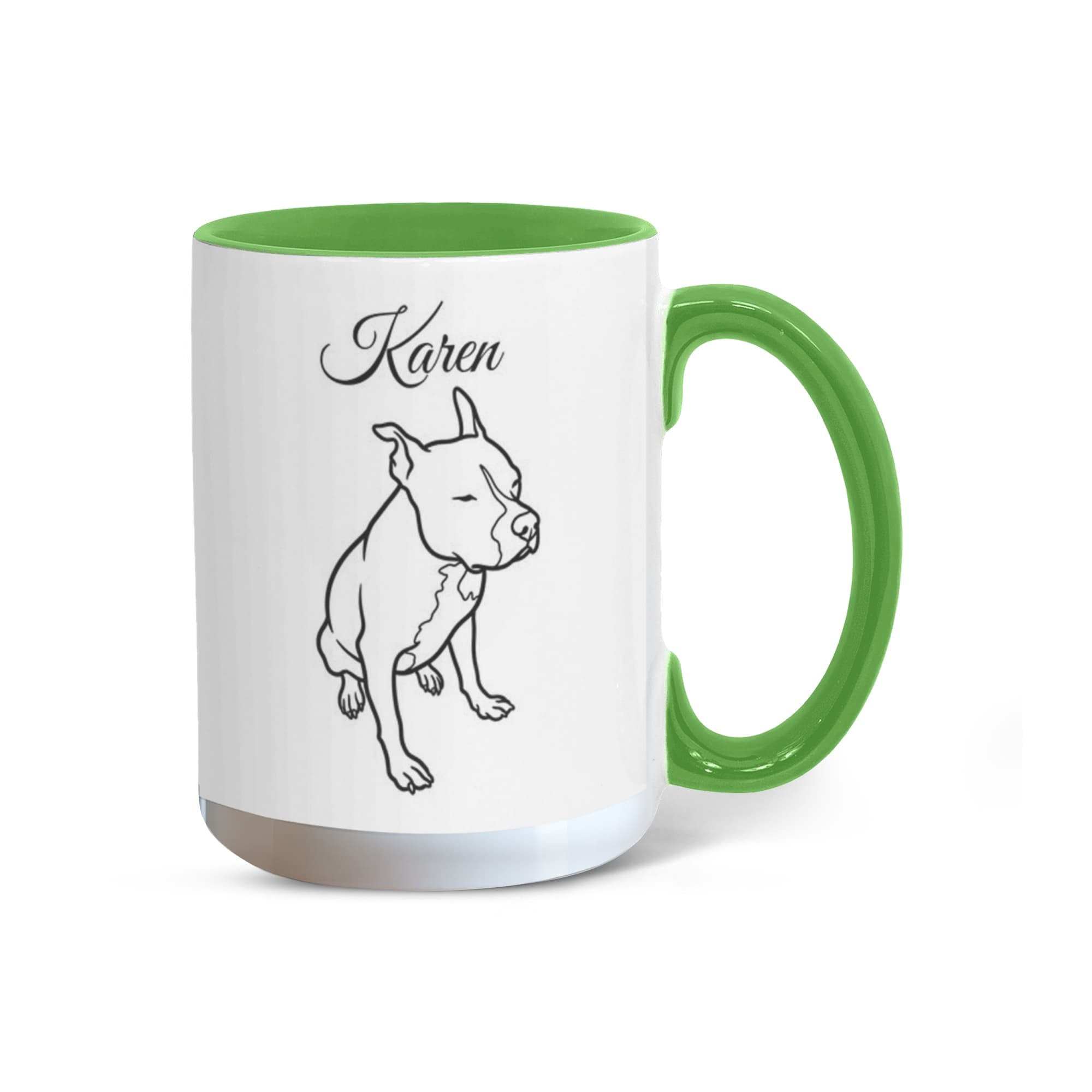 White mug with green handle and interior, featuring a dog illustration and the name 'Karen'.