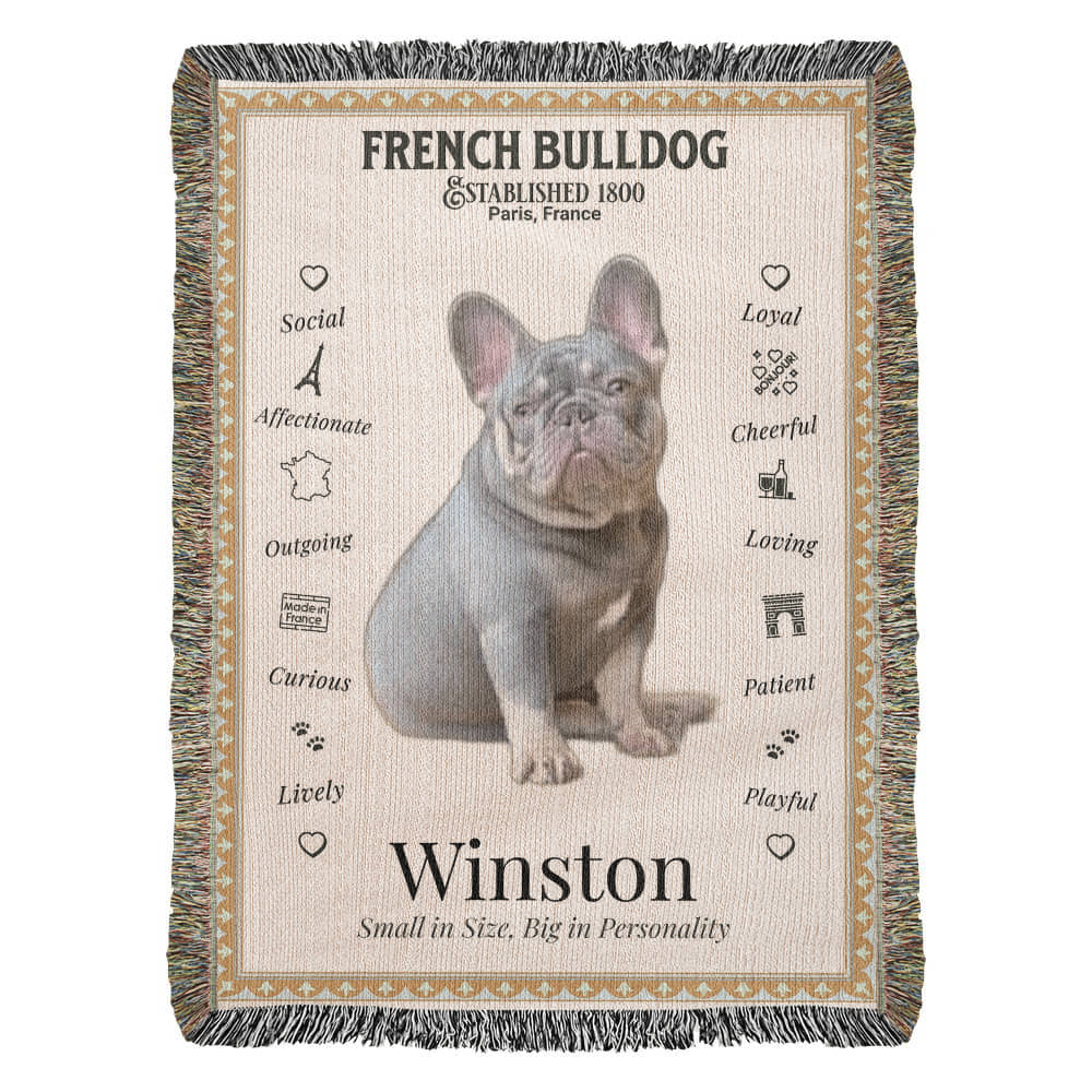 🐾 My Little Buddie Heirloom Woven Blanket – French Bulldog Edition - Gold Frame