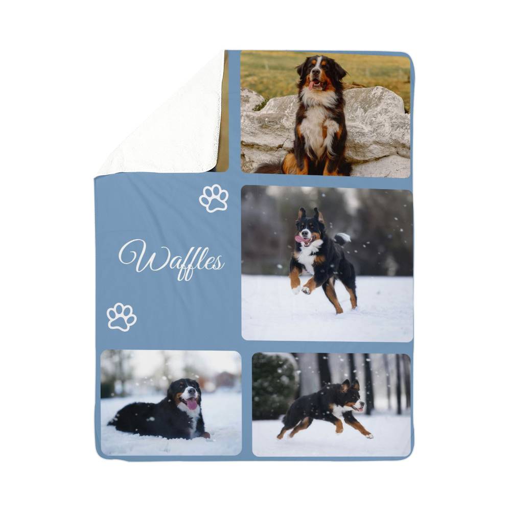 Personalized blanket with images of a dog and the name 'Waffles' on a blue background.
