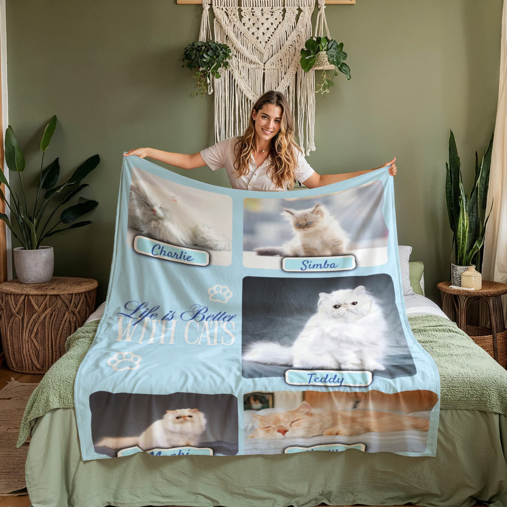 Personalized Multi-Cat Photo Blanket - Custom Cat Collage Fleece Blanket - 2-5 Cats Names & Photos