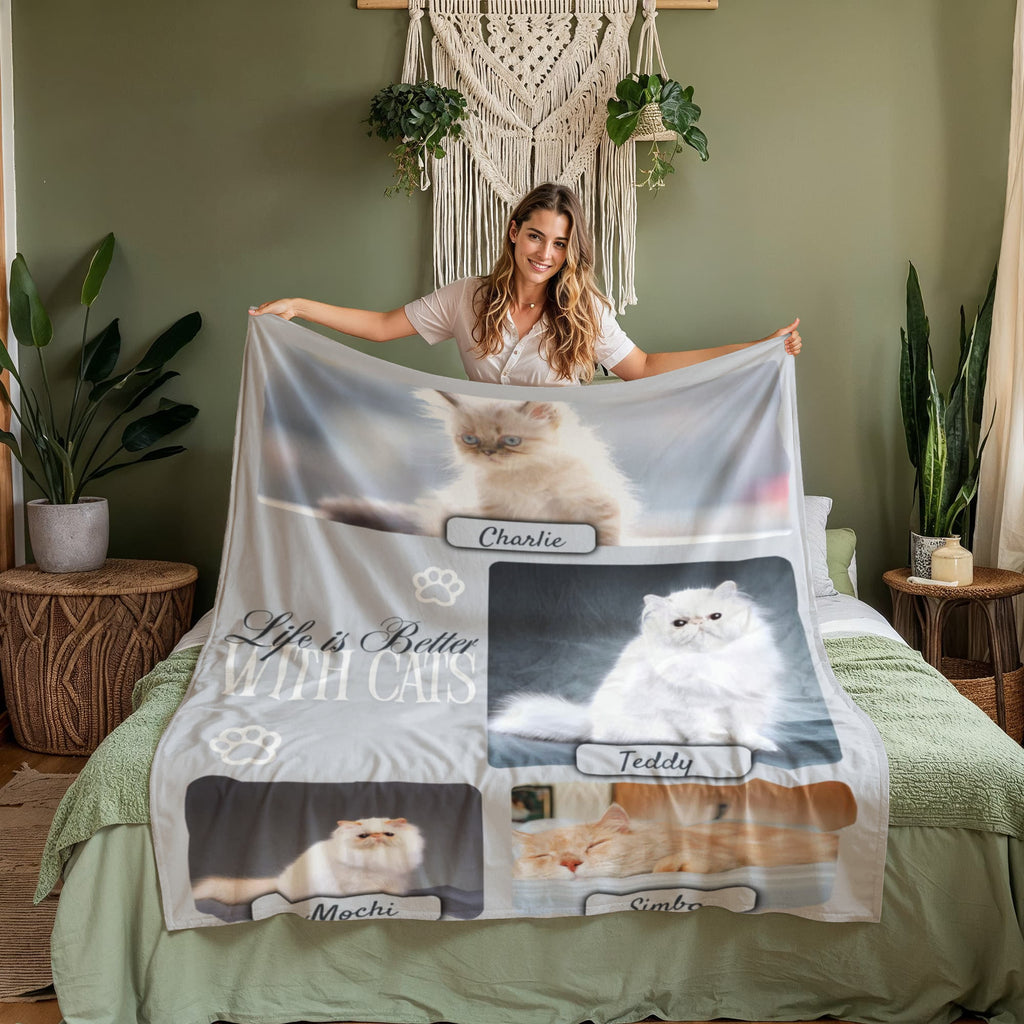 Personalized Multi-Cat Photo Blanket - Custom Cat Collage Fleece Blanket - 2-5 Cats Names & Photos