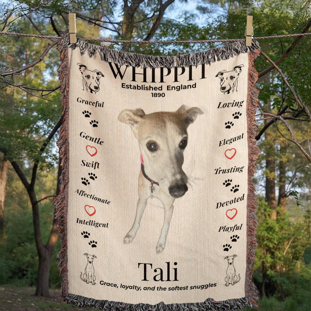 Blanket with a whippet design and text, hanging outdoors. Personalize your woven blanket with your favorite photo of your Whippit.