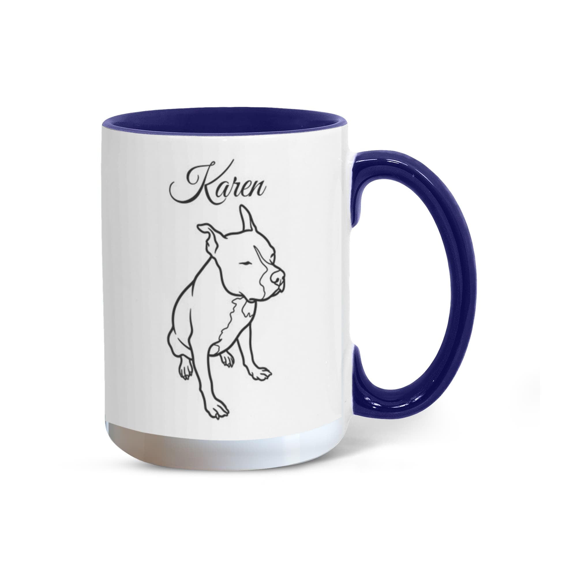 Mug with a dog illustration and 'Karen' text on a white background