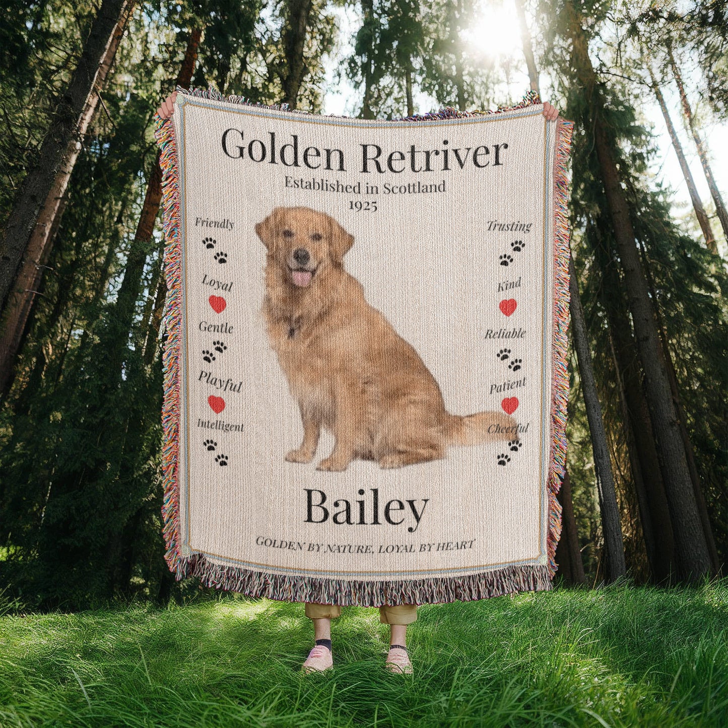🐾 My Little Buddie Heirloom Woven Blanket – Golden Retriever Edition - Red hearts