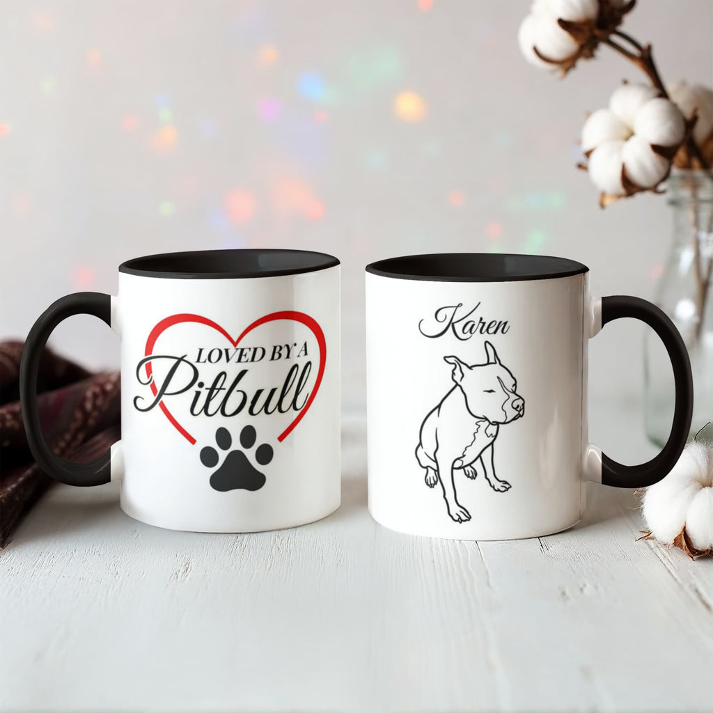 Two mugs with dog-themed designs on a light surface with decorative elements.