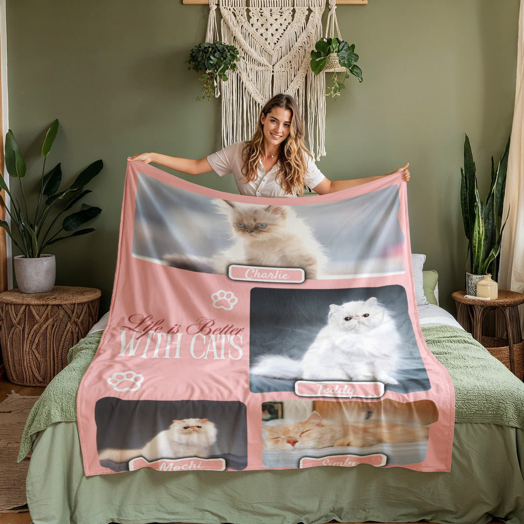 Personalized Multi-Cat Photo Blanket - Custom Cat Collage Fleece Blanket - 2-5 Cats Names & Photos