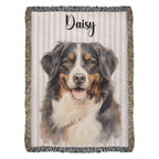 Woven blanket with a dog portrait and the name 'Daisy' on a striped background