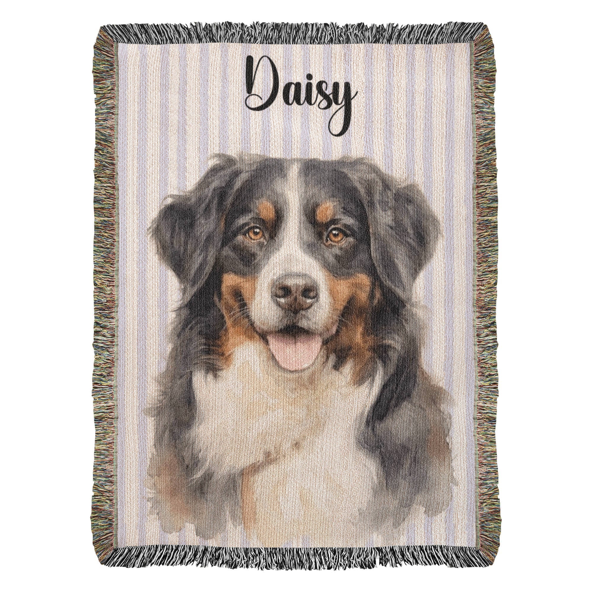 Woven blanket with a dog portrait and the name 'Daisy' on a striped background