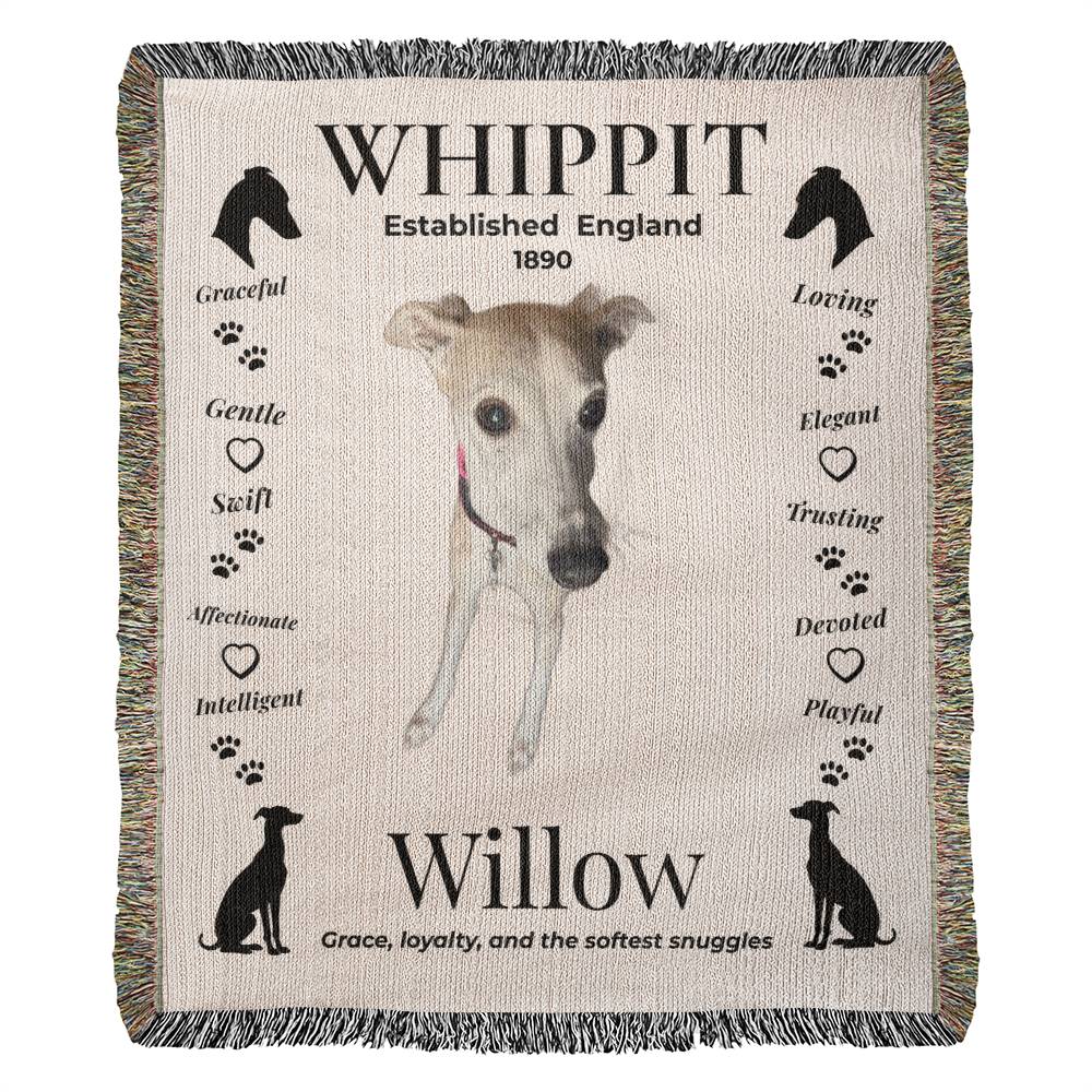 Personalize your woven blanket with your favorite photo of your Whippit. with a whippet design and text about the breed on a beige background