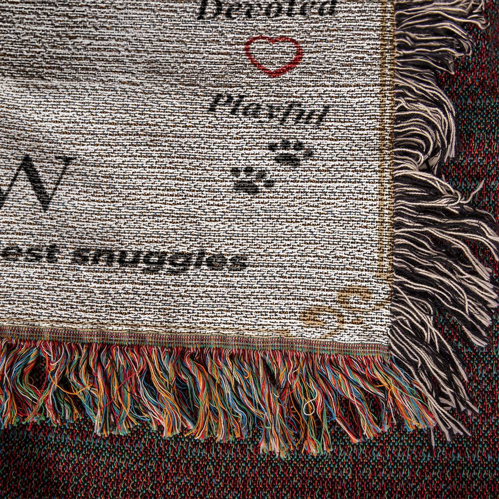 Textured fabric with decorative elements and text on a multicolored background