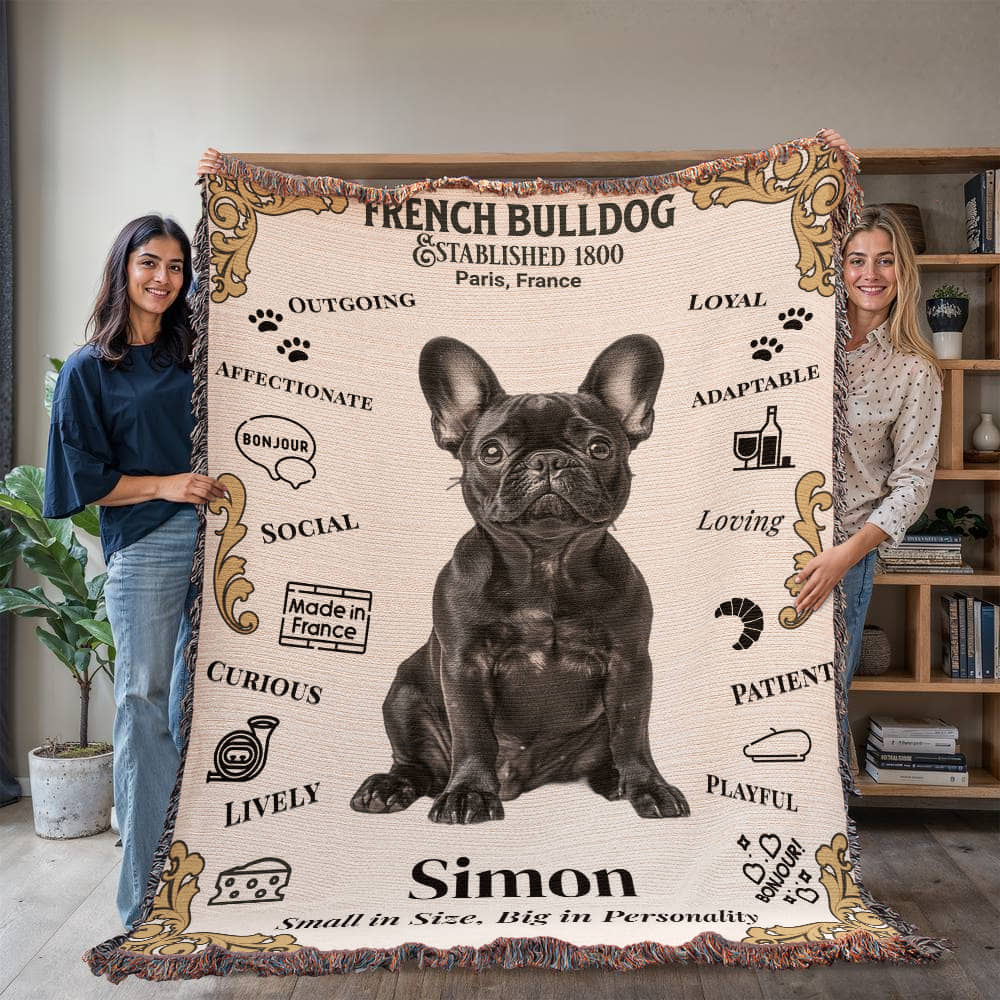 🐾 Woven Blanket – French Bulldog Edition - Gold Embellishment